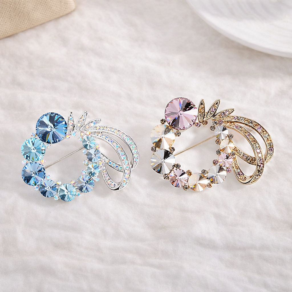 Elegant Crystal Wreath Brooch - Luxury Floral Lapel Pin & Scarf Buckle