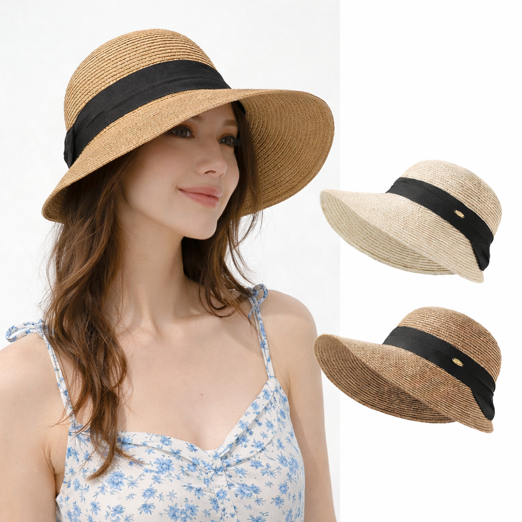 Foldable Wide Brim Straw Sun Hat - Lightweight UV Protection Beach Hat with Bow Accent