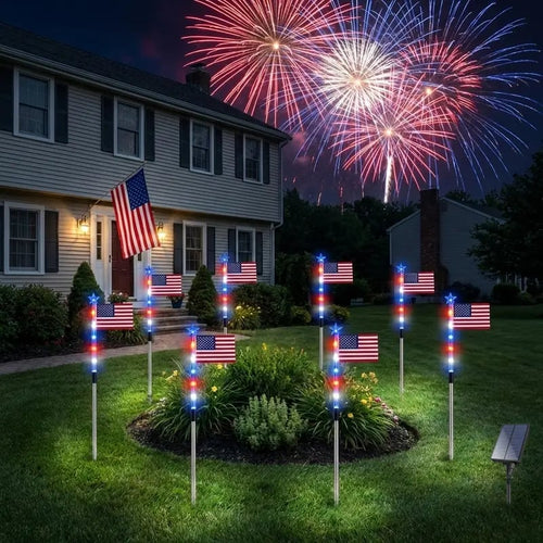 8PCS Solar American Flag Pathway Lights – Patriotic Red White & Blue Garden Decor