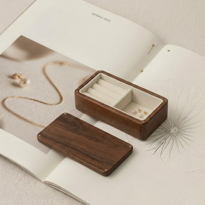 Premium Black Walnut Jewelry Box - Elegant Solid Wood Organizer for Rings & Brooches
