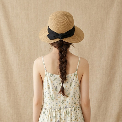 Foldable Wide Brim Straw Sun Hat - Lightweight UV Protection Beach Hat with Bow Accent