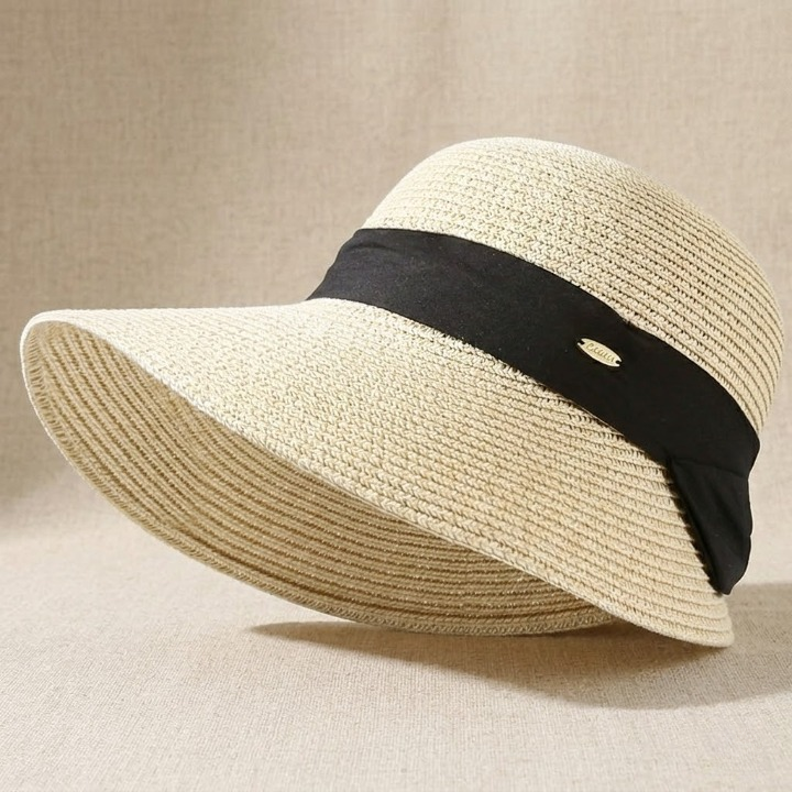 Foldable Wide Brim Straw Sun Hat - Lightweight UV Protection Beach Hat with Bow Accent